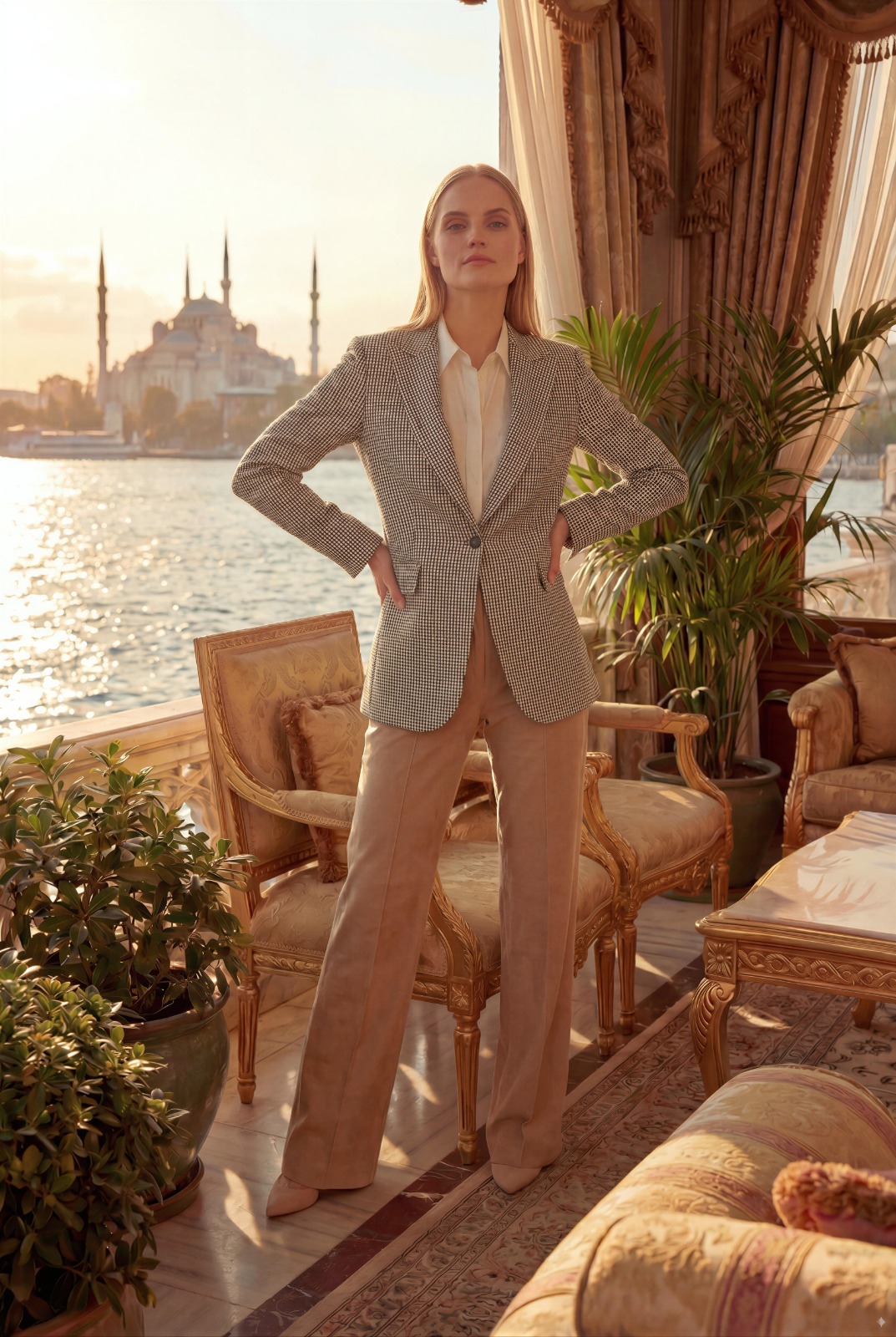 Woman in houndstooth blazer with sand wide-leg trousers