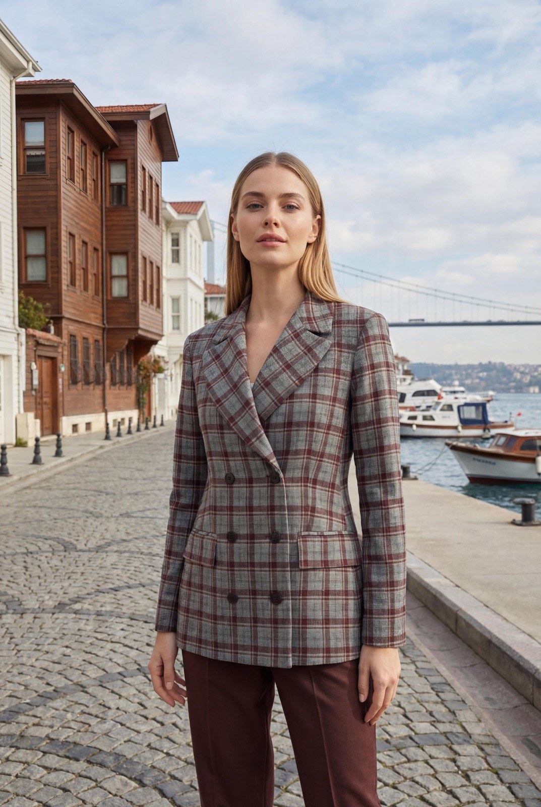 Woman in grey and burgundy plaid double-breasted blazer