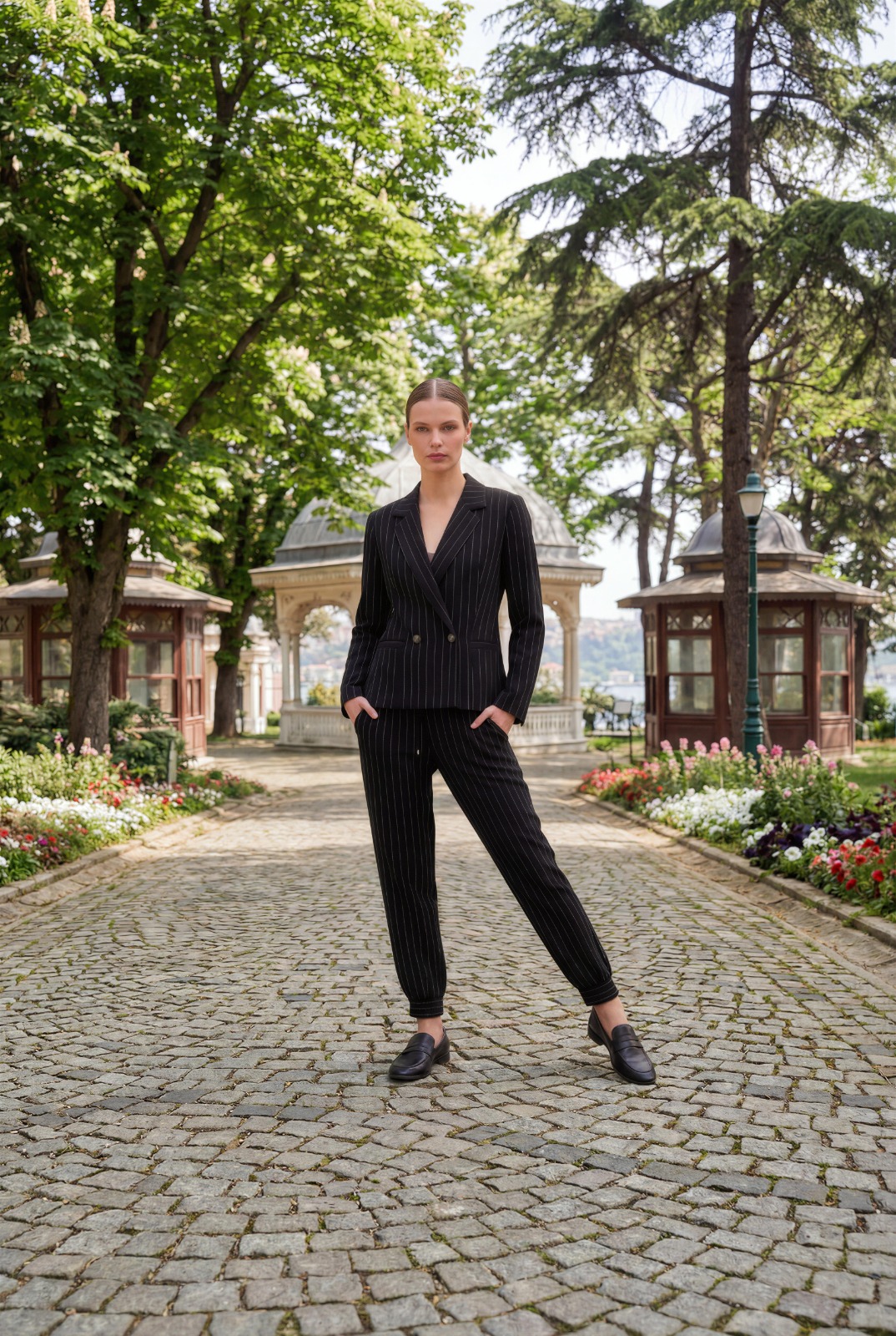 Woman in black pinstripe suit standing in formal garden