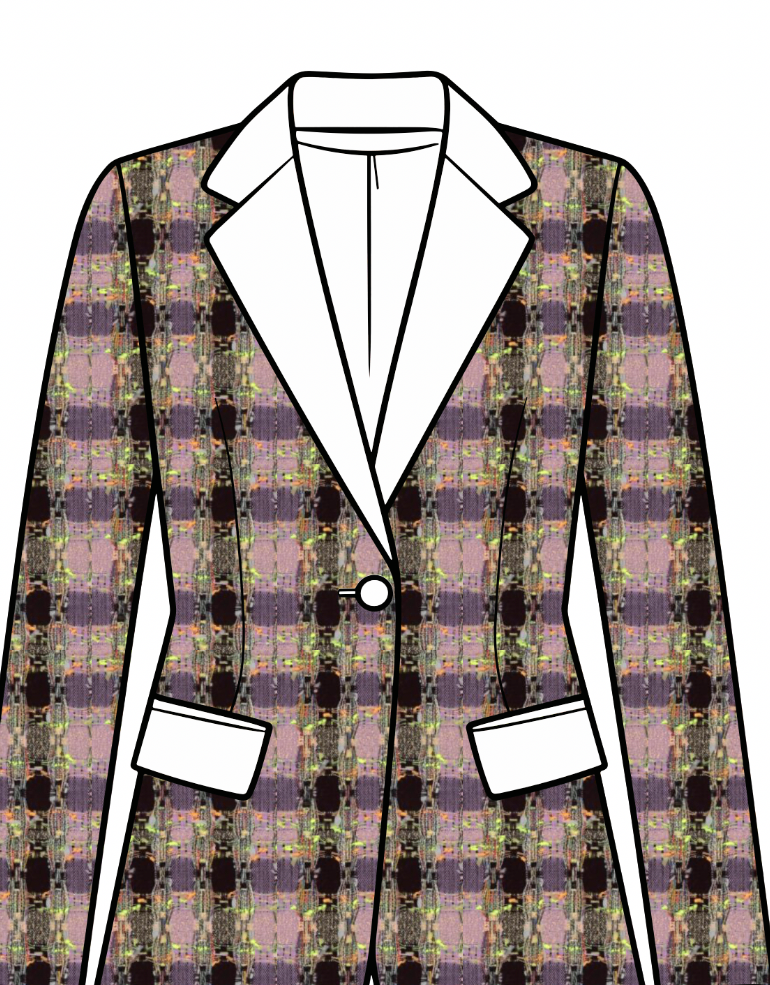 Notched-lapel jacket in purple and green bouclé
