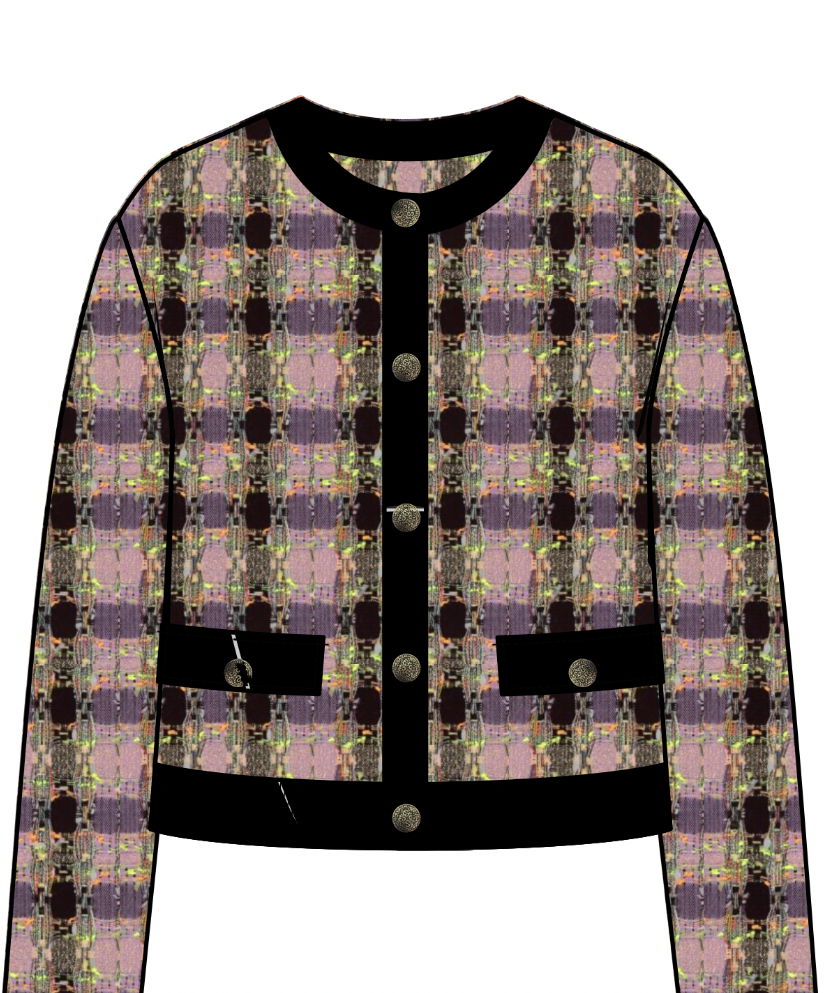 Collarless jacket in purple and green bouclé