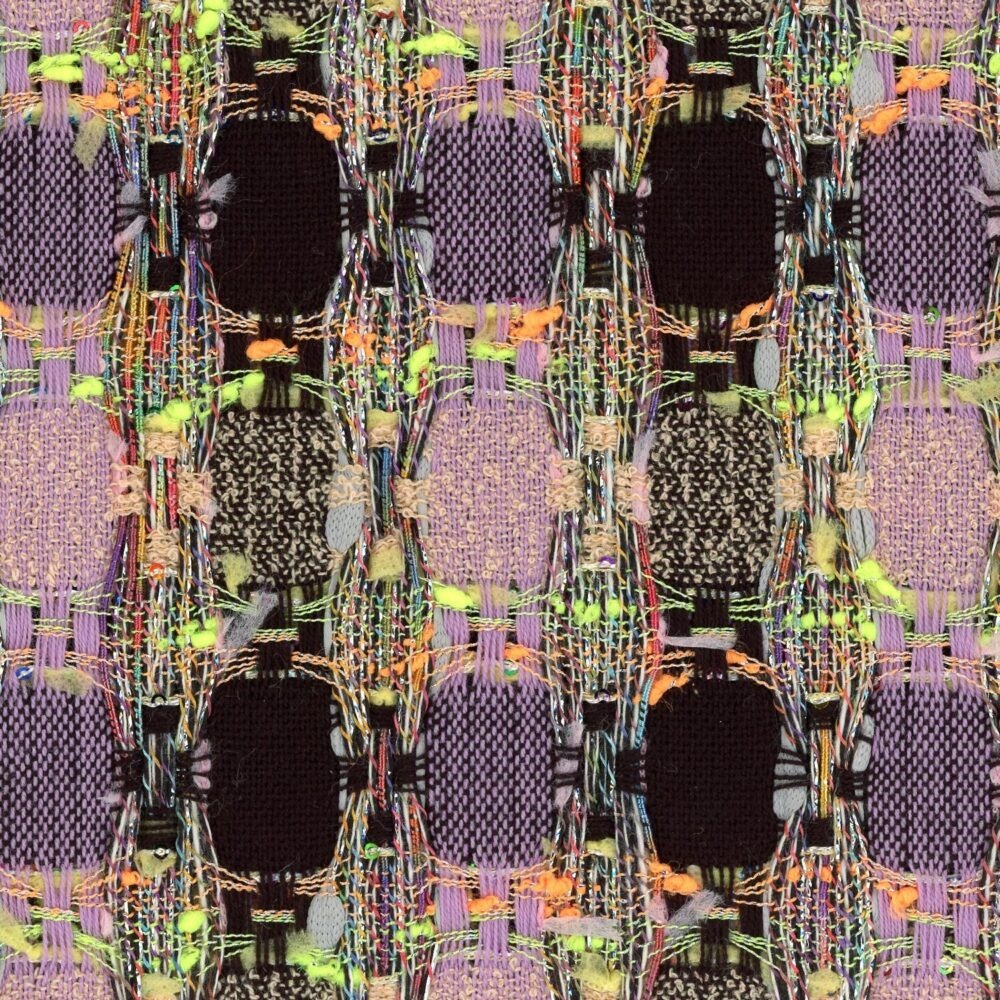 Purple, black, and green bouclé fabric swatch