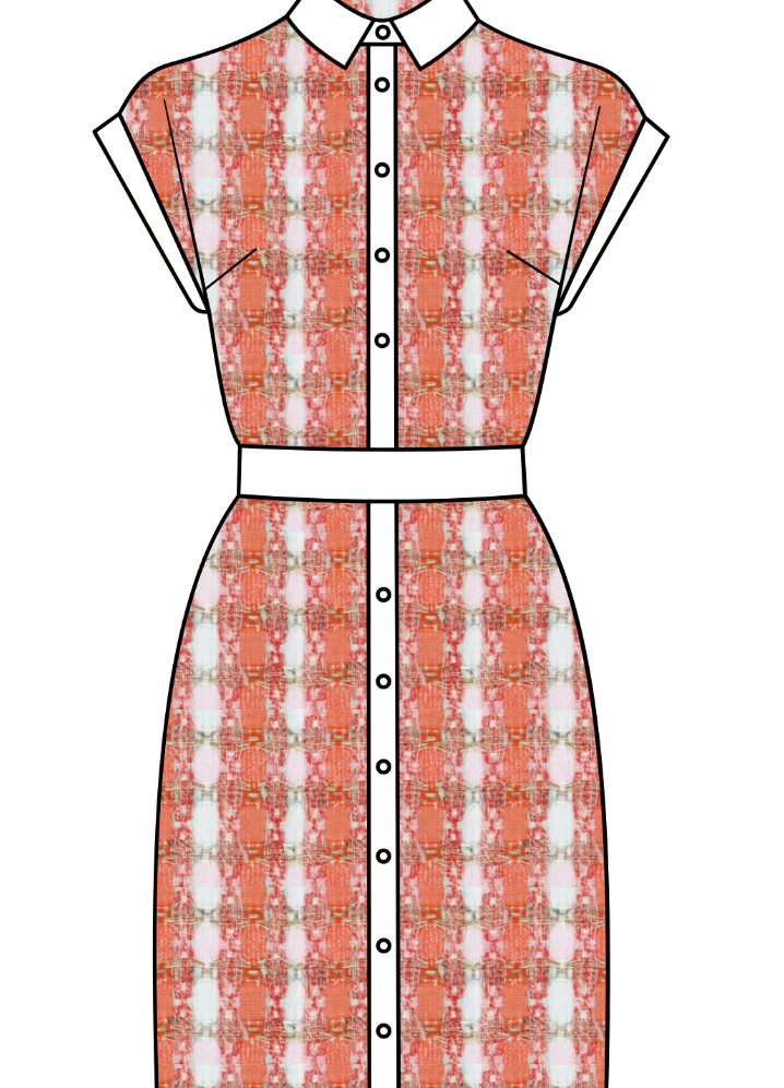 Shirt dress in coral and ivory bouclé