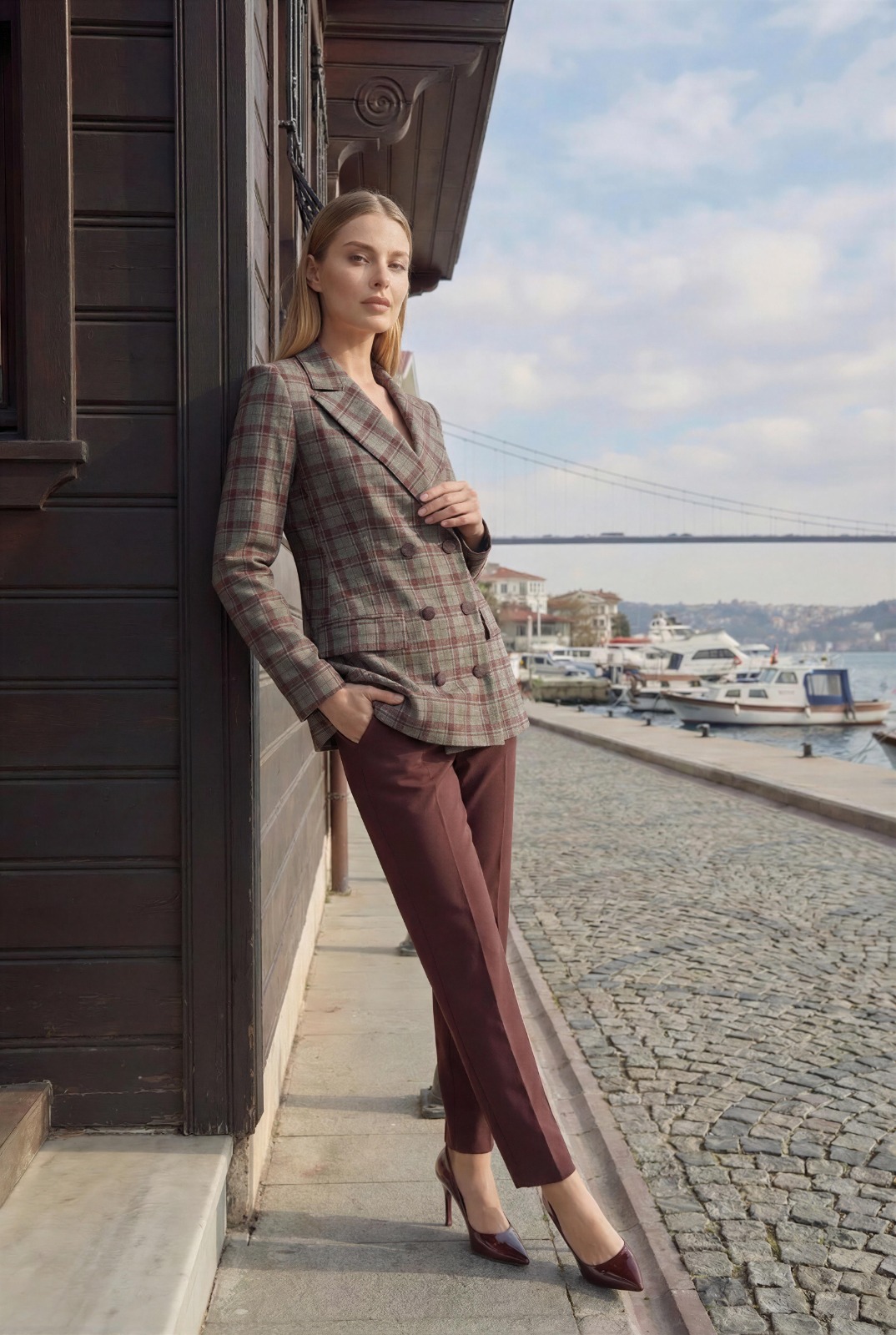 Woman in heritage tartan double-breasted blazer with burgundy trousers