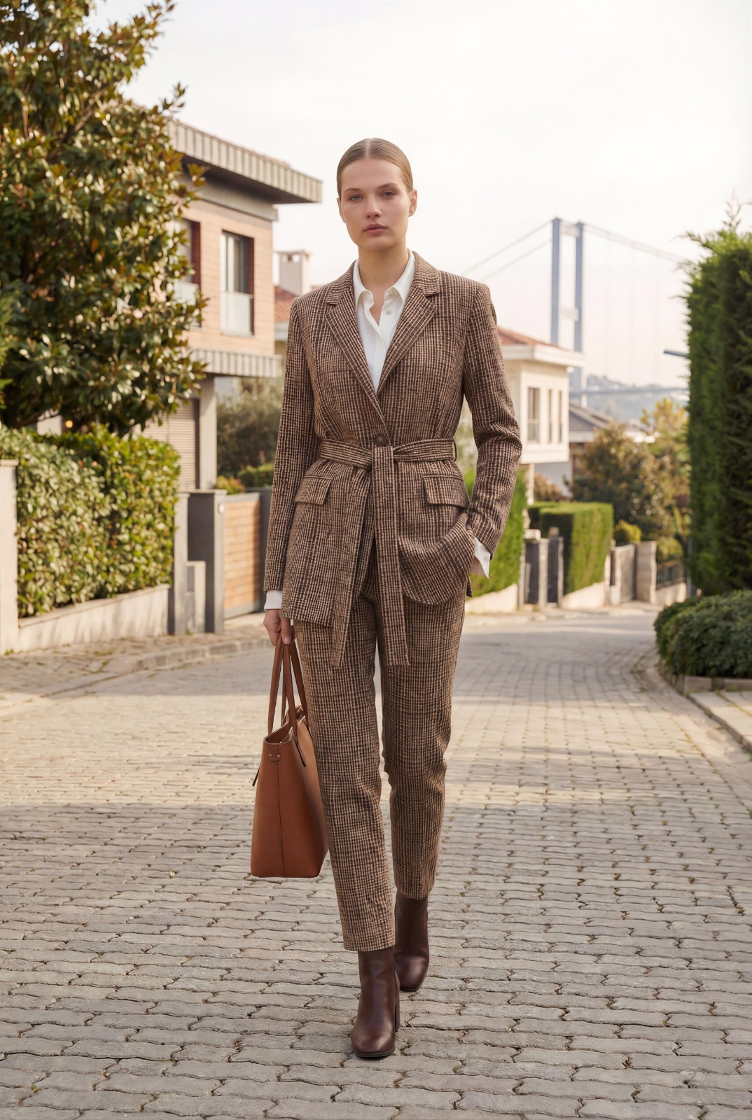 Woman in tobacco micro-check belted blazer and trousers