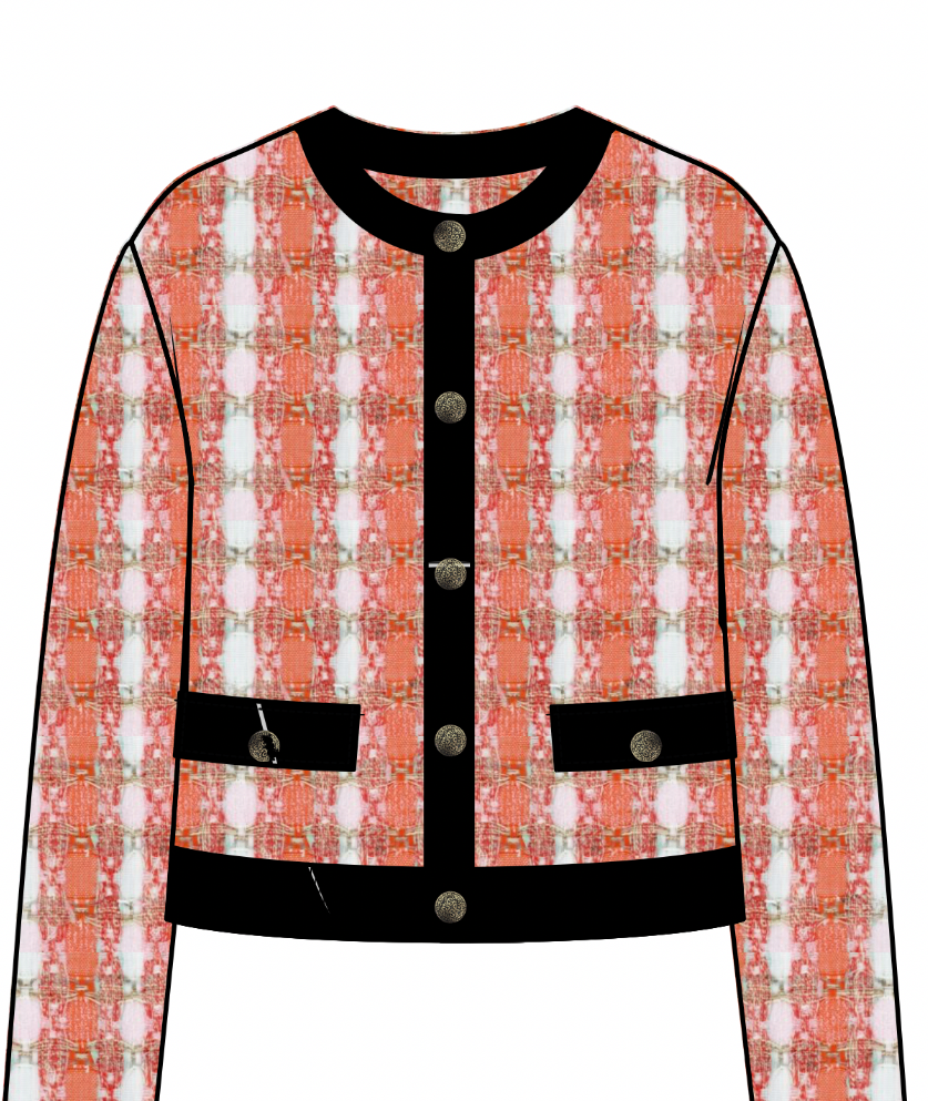 Collarless jacket in coral and ivory bouclé