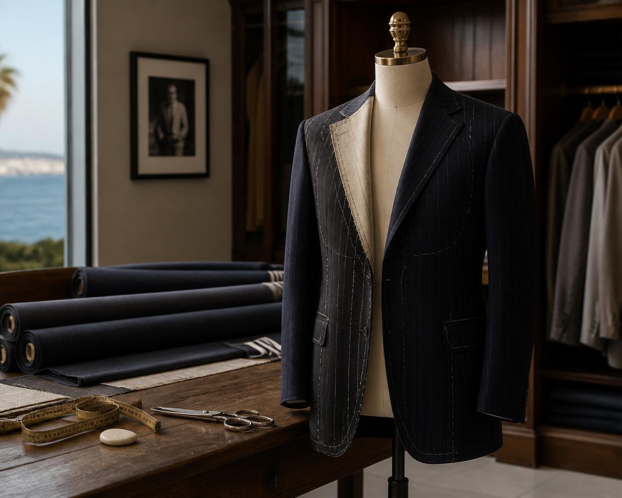 Bespoke Maestro San Diego studio with a half-finished basted navy pinstripe jacket and Italian wool bolts